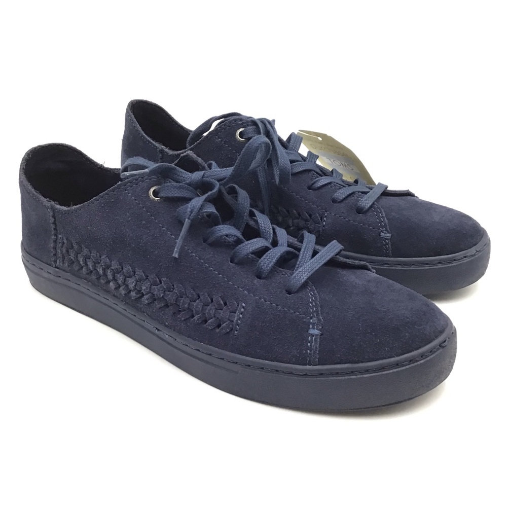 Toms Lenox navy blue suede woven panel lace up fashion sneaker womens 9